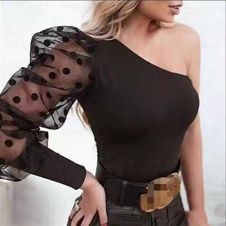 Women One Shoulder Black Polka Dot Top Tees T-shirts