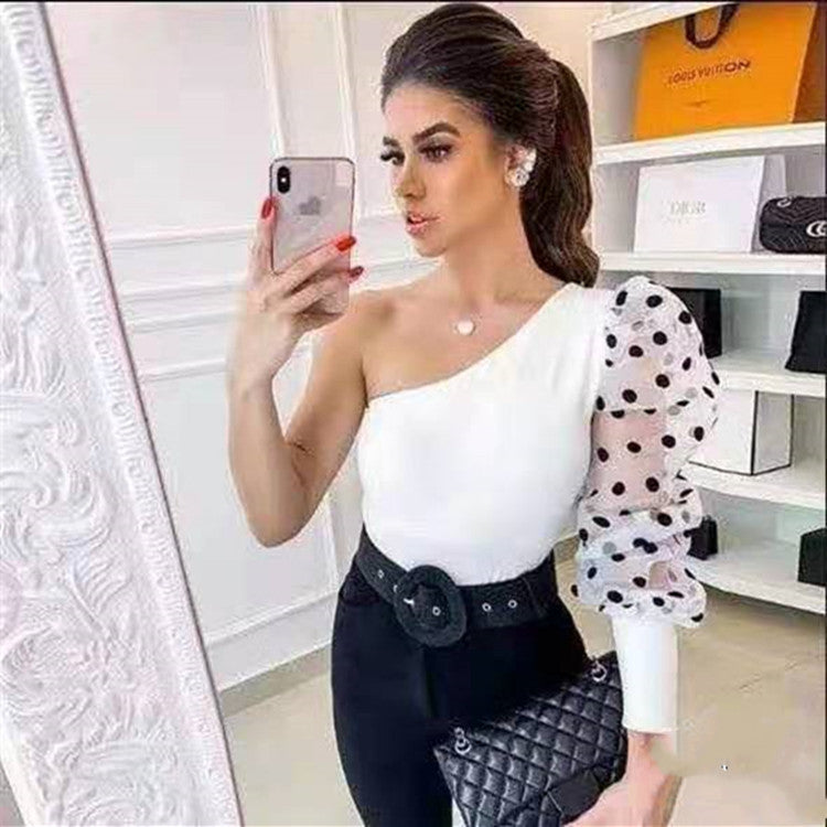 Women One Shoulder Black Polka Dot Top Tees T-shirts