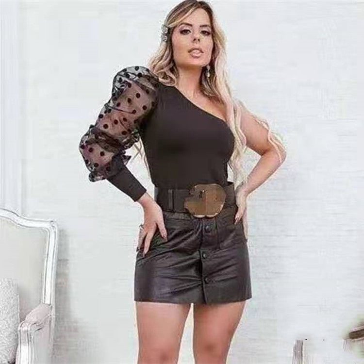Women One Shoulder Black Polka Dot Top Tees T-shirts