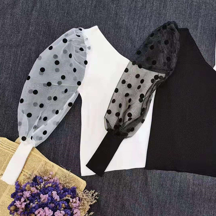 Women One Shoulder Black Polka Dot Top Tees T-shirts