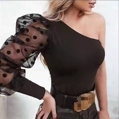Women One Shoulder Black Polka Dot Top Tees T-shirts