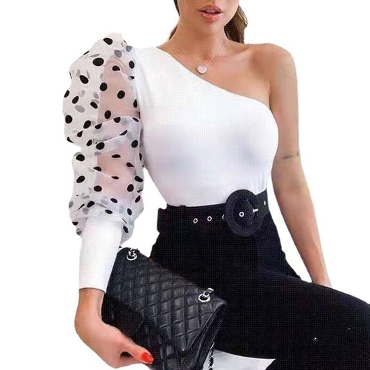 Women One Shoulder Black Polka Dot Top Tees T-shirts
