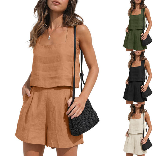 Women's Suit 2 Piece Outfits Square Neck Tops Shorts Set